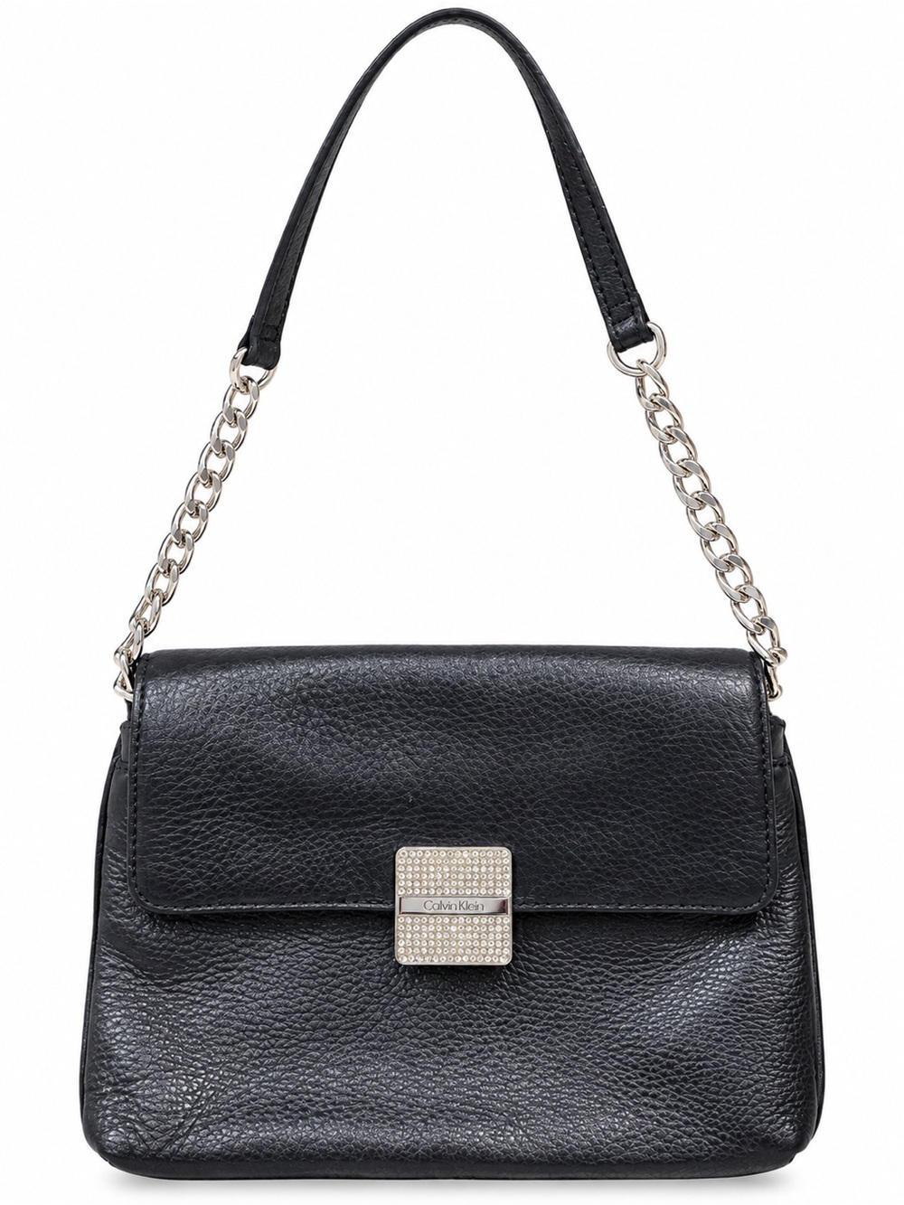 Calvin Klein Black Pebbled Leather Shoulder Bag with Silver Chain